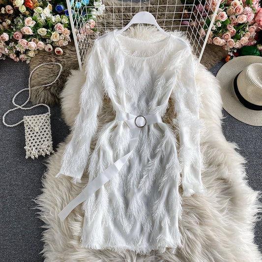 Round neck fluffy long sleeve Hip Wrap A-line skirt  2880