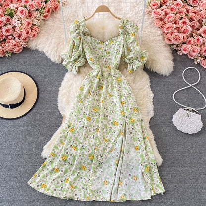Narrow waist, thin bubble sleeve, first love, gentle wind, long skirt  3344