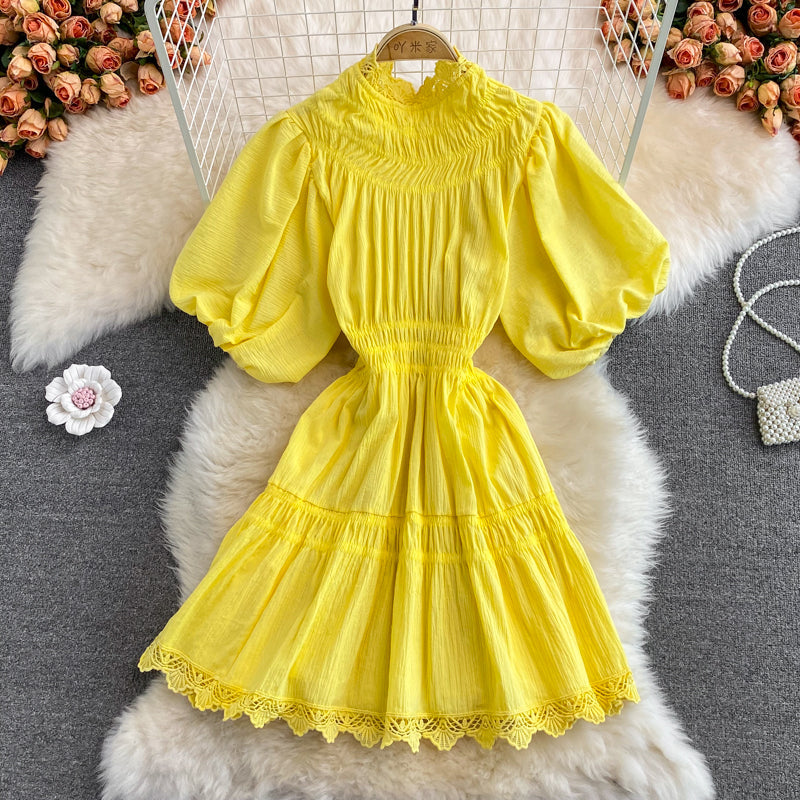 French court lantern sleeve design lace stitching stand collar dress  3377