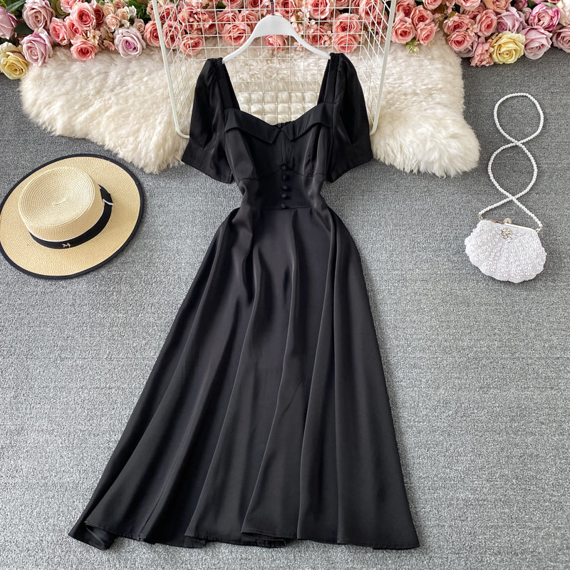 French waist closing slim bubble sleeve square neck dress  3168
