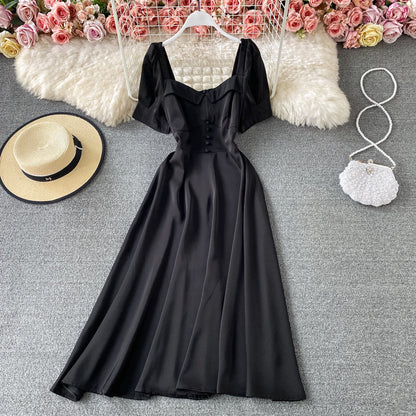 French waist closing slim bubble sleeve square neck dress  3168