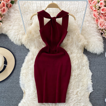 Hanging neck open back square neck knitted Hip Wrap Dress  2768