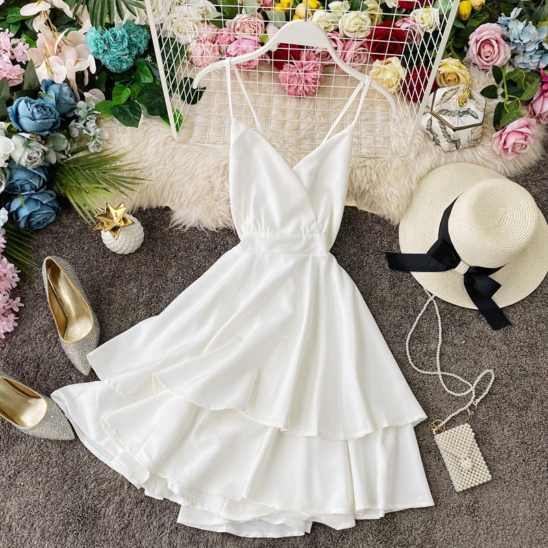 Open back cross suspender skirt waist closing lotus leaf swing dress  2946