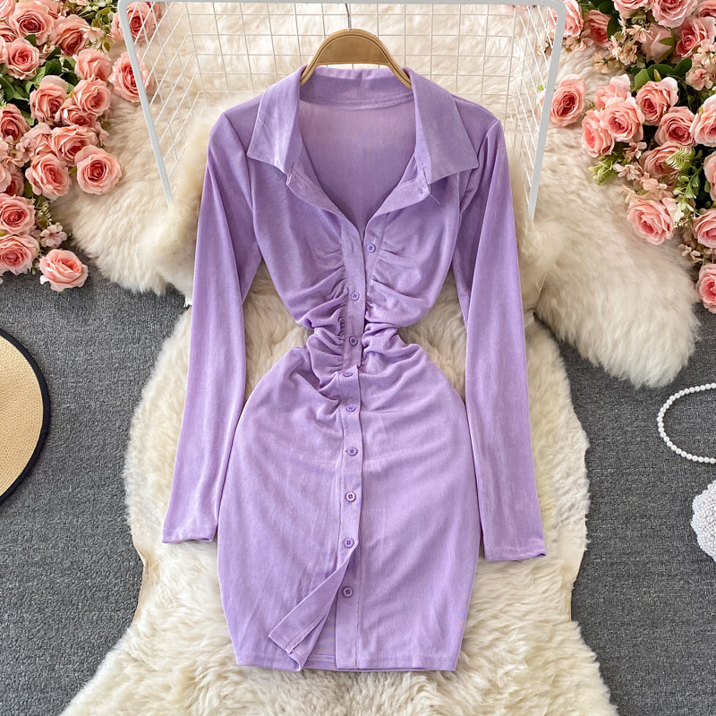 High waist pleated Lapel dress women's short skirt  3241