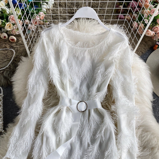 Round neck fluffy long sleeve Hip Wrap A-line skirt  2880