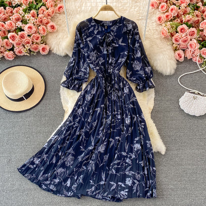Round Neck Chiffon floral Pleated Dress  3364