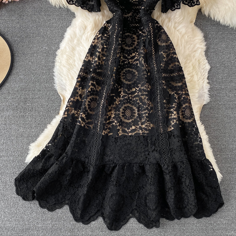 Crew neck water-soluble hollow out Lace Waist slim dress  3212