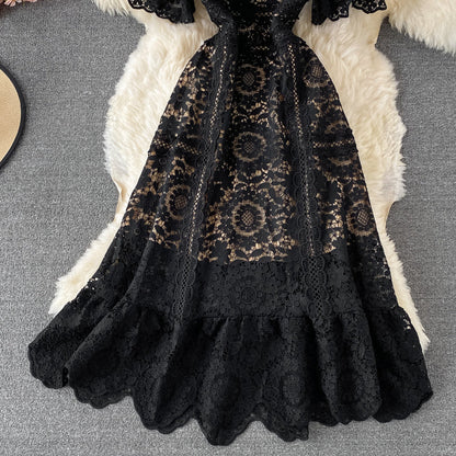 Crew neck water-soluble hollow out Lace Waist slim dress  3212