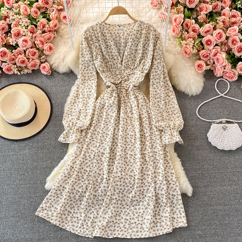 High waist slim V-neck bubble sleeve pleated Floral Dress  3363