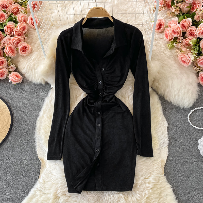 High waist pleated Lapel dress women's short skirt  3241