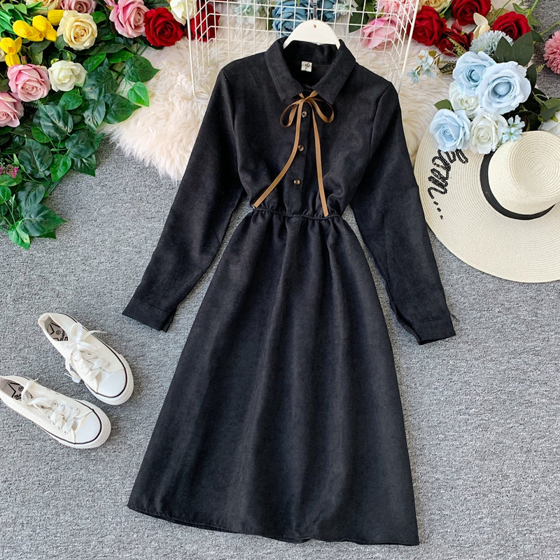 French retro super fairy waist skirt core velvet shirt dress  3401