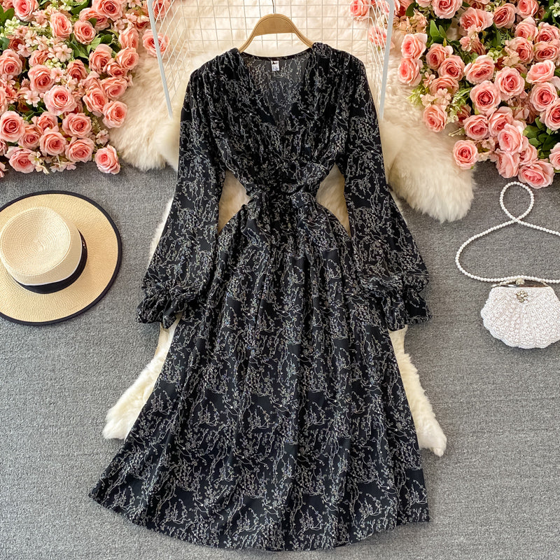 High waist slim V-neck bubble sleeve pleated Floral Dress  3363