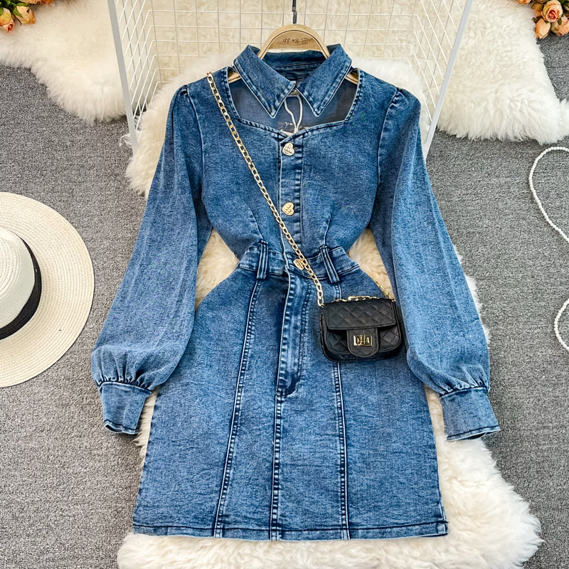 Vintage Lapel bubble sleeve design hollow denim dress  3019