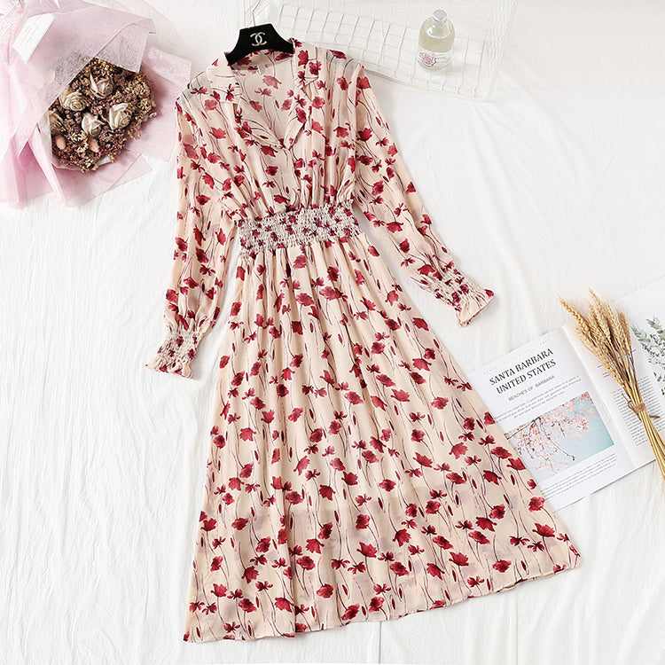 Suit collar French retro fairy super xiansen broken flower chiffon long skirt  2358