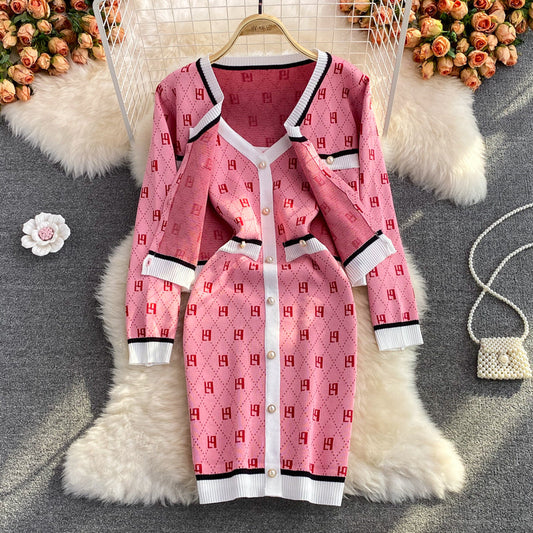 Knitted cardigan two piece V-neck suspender dress  3260