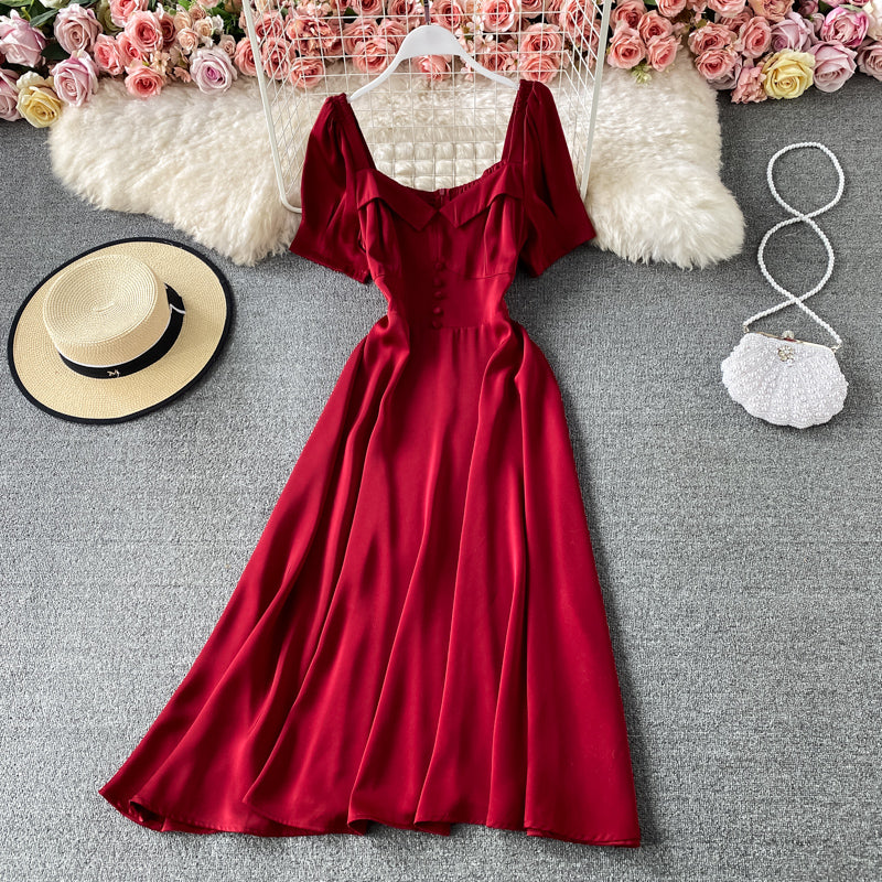 Slim waist, foreign style, bubble sleeve, square neck dress  3045