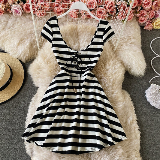 V-neck striped dress slim low cut A-line skirt  3049