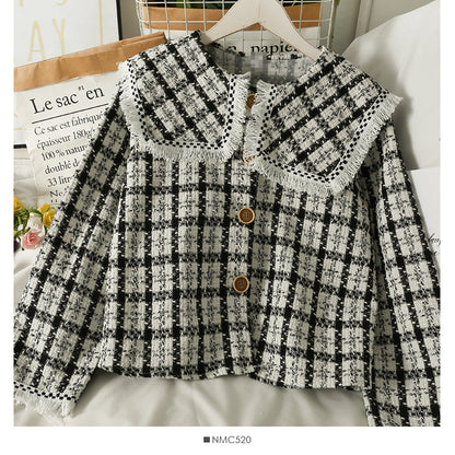 Hong Kong style retro tassels woolen baby collar tweed short shirt style coat women  2119