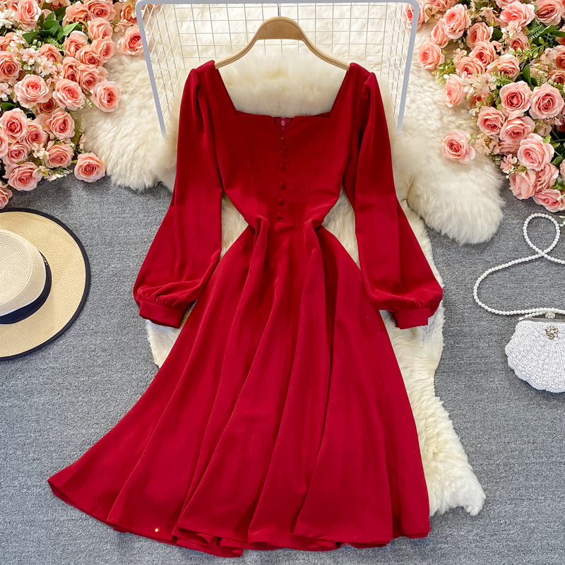 High waist Thin Red Square Neck Dress  3255