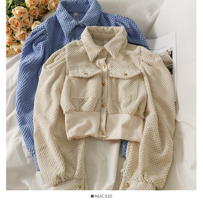 Korean short single breasted cardigan Lapel slim fit versatile long sleeved top fashion  2107