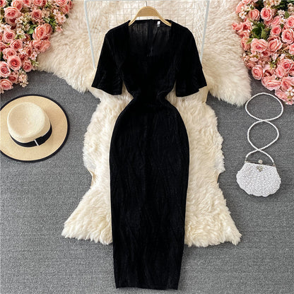 Temperament square collar bright silk slim fit split hip dress  3338