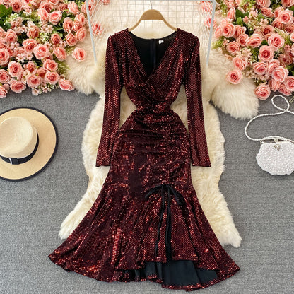 Slim slim slim Ruffle hem Hip Wrap fishtail long skirt  3231
