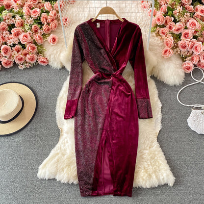 Hot drill velvet dress long skirt waist closing slim cut Hip Wrap Dress  3235