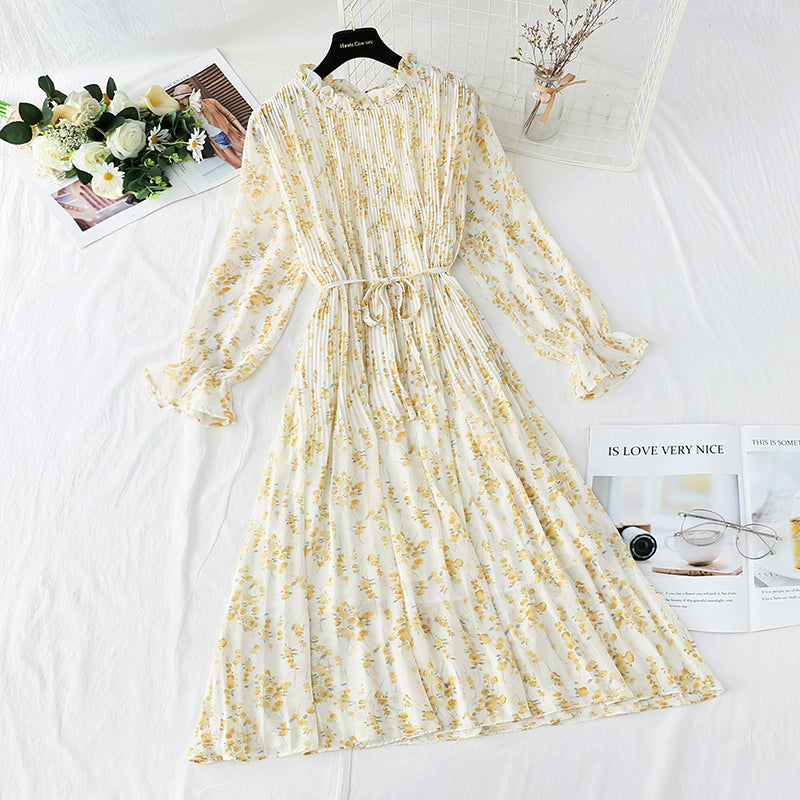 Dress women's French retro pleated waist slim dress  2167