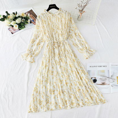 Dress women's French retro pleated waist slim dress  2167