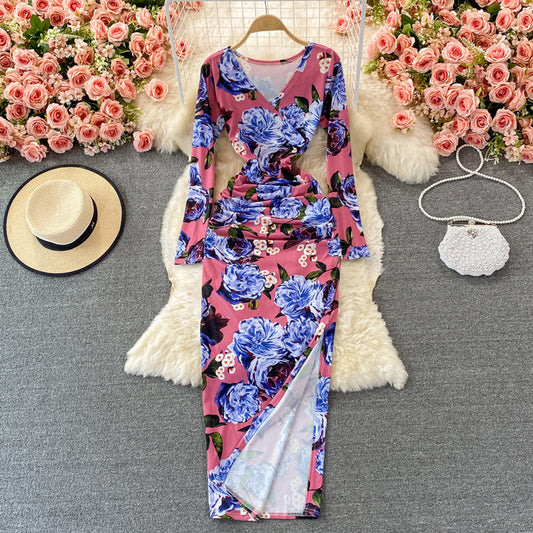 V-neck print slim split dress  3086