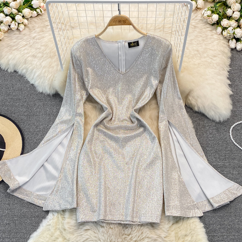 High waist V-neck flare flare sleeve dress  2871