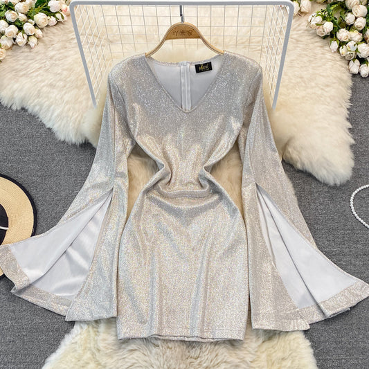 High waist V-neck flare flare sleeve dress  2871