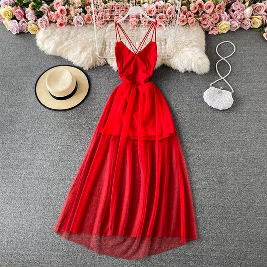 High waist mesh stitched fairy suspender skirt  3310