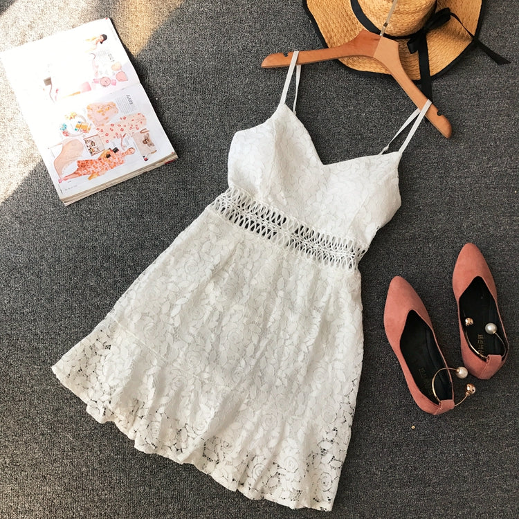 Korean solid lace suspender V-neck high waist slim cut waist closing dress  2812