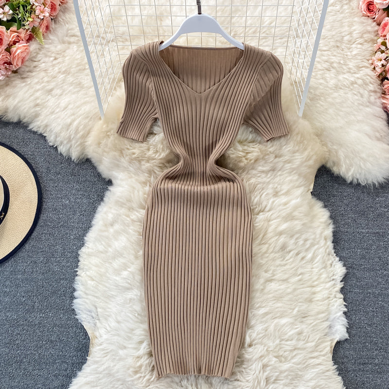 V-neck slim knit dress Hip Wrap  2973
