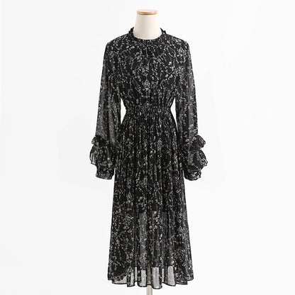 Chiffon pleated skirt, fungus floral dress, slim dress, lady dress  2432