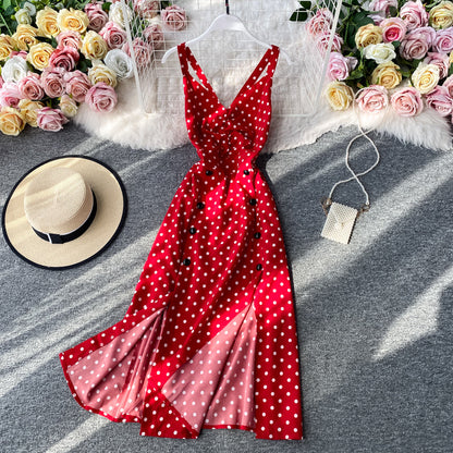 Elegant suspender skirt open back low chest sexy split wave point dress  2876