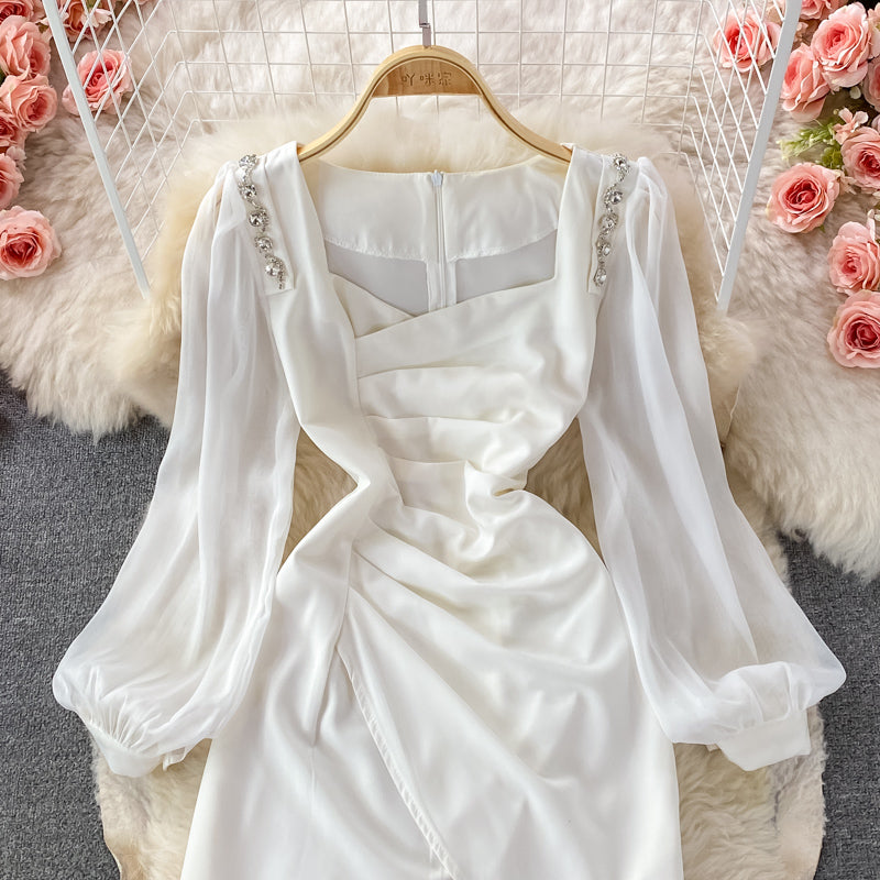 Korean French retro bubble sleeve temperament square neck dress  2866