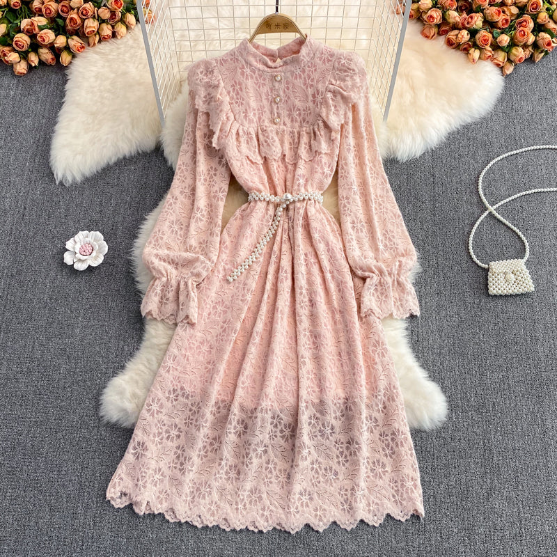 Stand collar backing brushed lace dress  3022