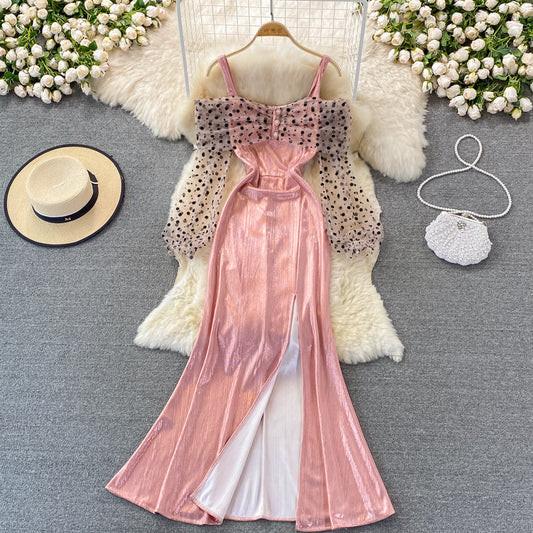Metallic mosaic dot mesh suspender dress dress dress  3268