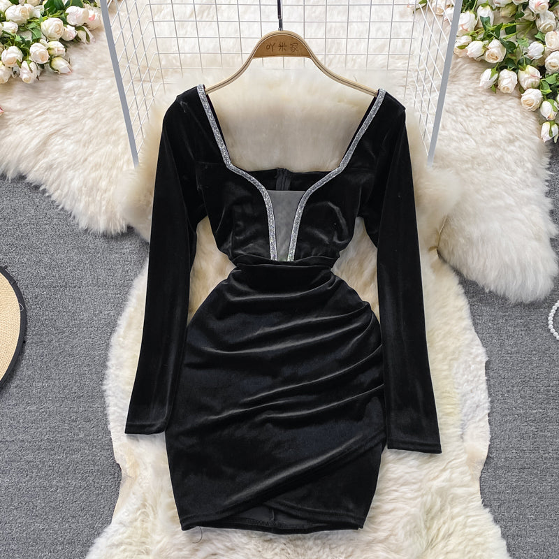 Korean new V-neck velvet with diamond temperament waist closing  2846