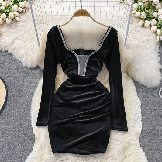 Korean new V-neck velvet with diamond temperament waist closing  2846
