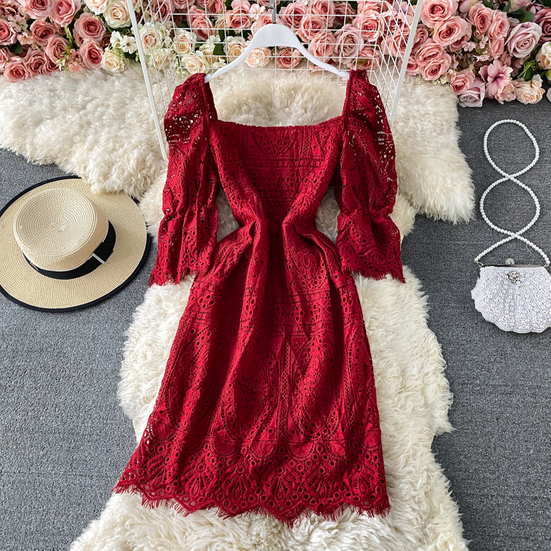 Lace cut-out foreign style bubble sleeve slim dress  2891