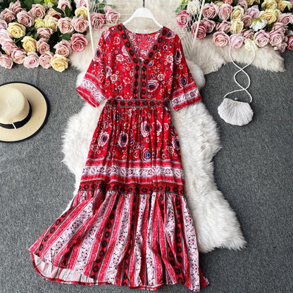Ruffle floral dress big skirt holiday gentle wind long skirt  3141