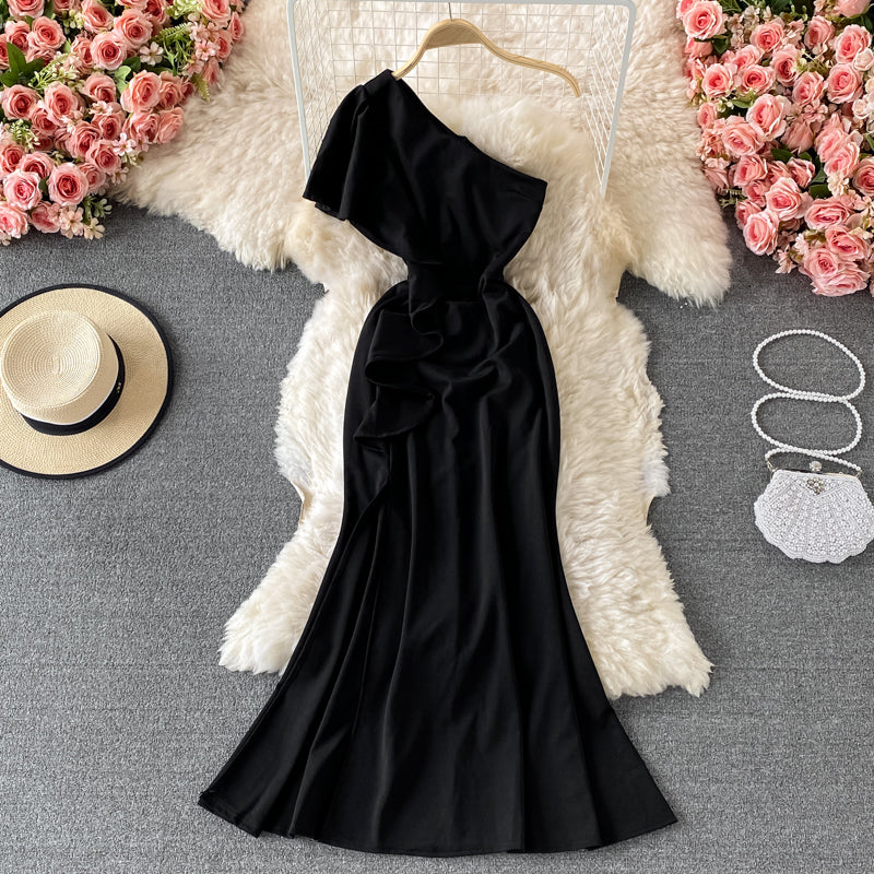 Sexy ruffled diagonal neckline backless dress  2974