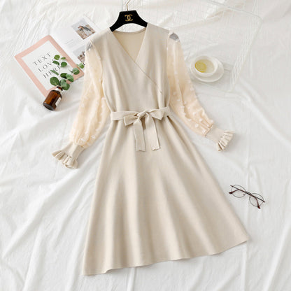 Bottomed skirt bubble sleeve lace stitching long sleeve knitted dress slim fit  2453
