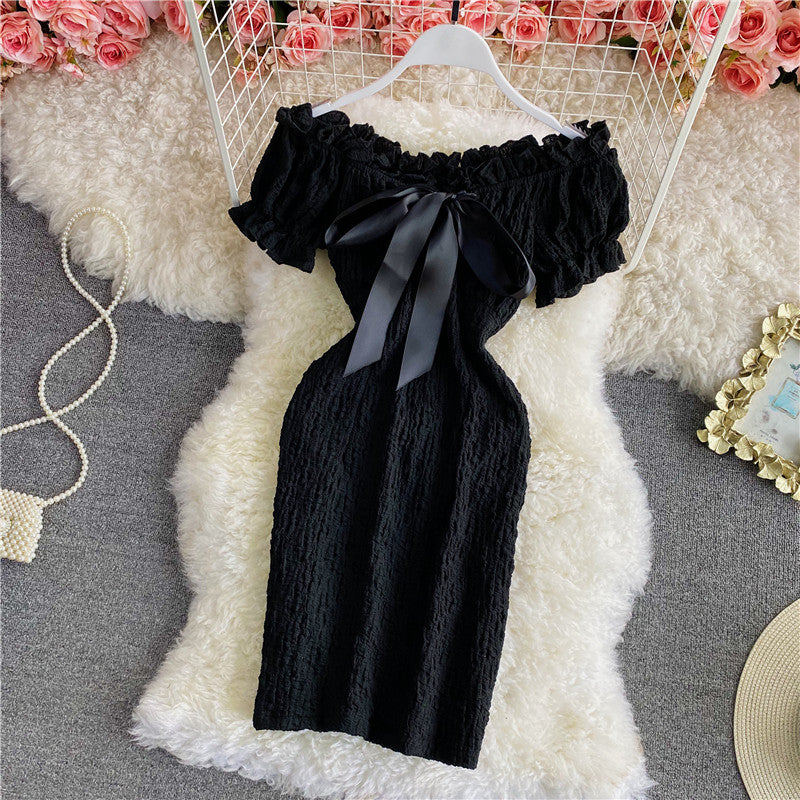 Retro sweet waist closed thin off shoulder backless dress  2851