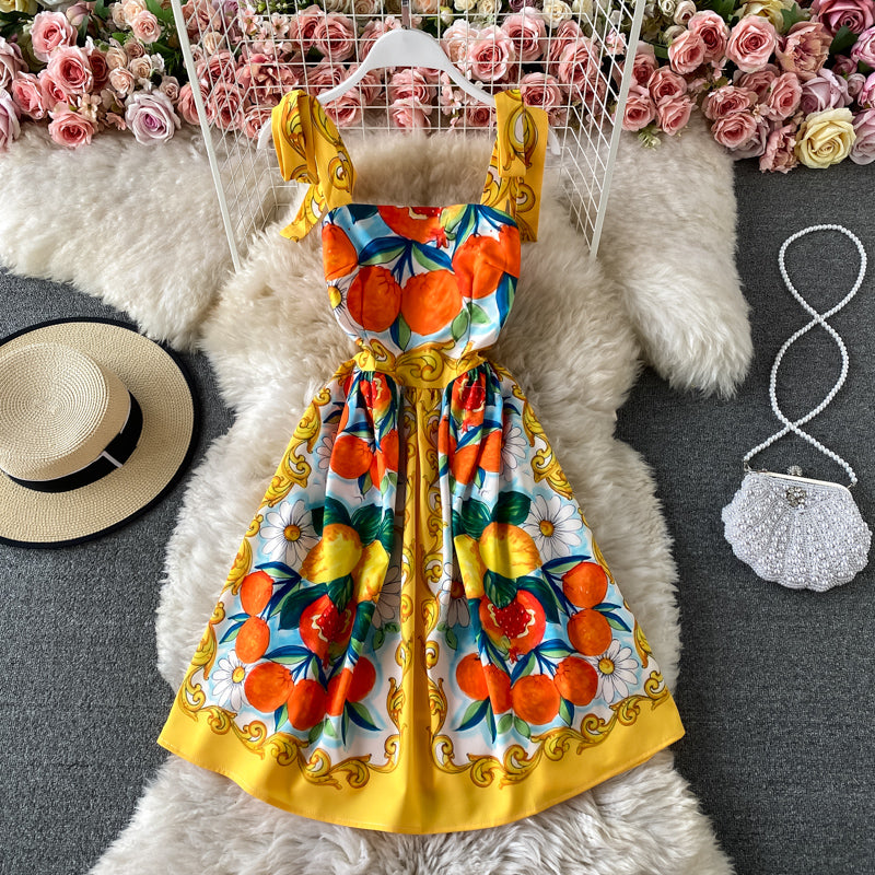 Bow tie strap suspender skirt sweet print age reduction dress  3302
