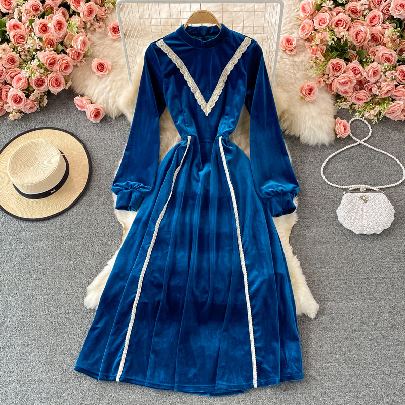 Slim waist with large swing stand neck velvet dress  3106