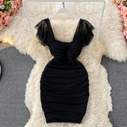 French sexy high waist thin pleated square neck wrap hip dress  2715
